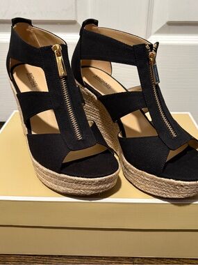 MICHAEL Michael Kors Black Canvas Espadrille Wedge Sandals with Gold Zipper